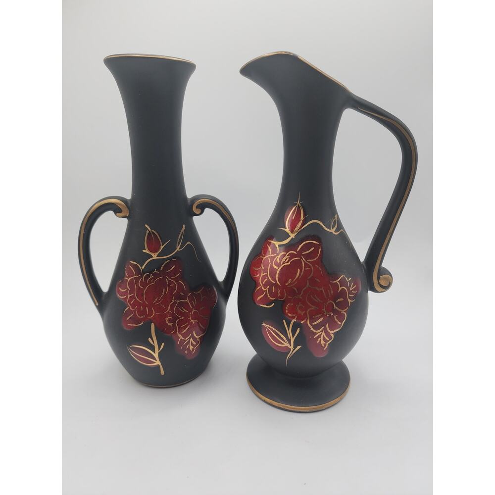 Oil and Vinager bottles. Made in Japan. Black with Red Flowers.